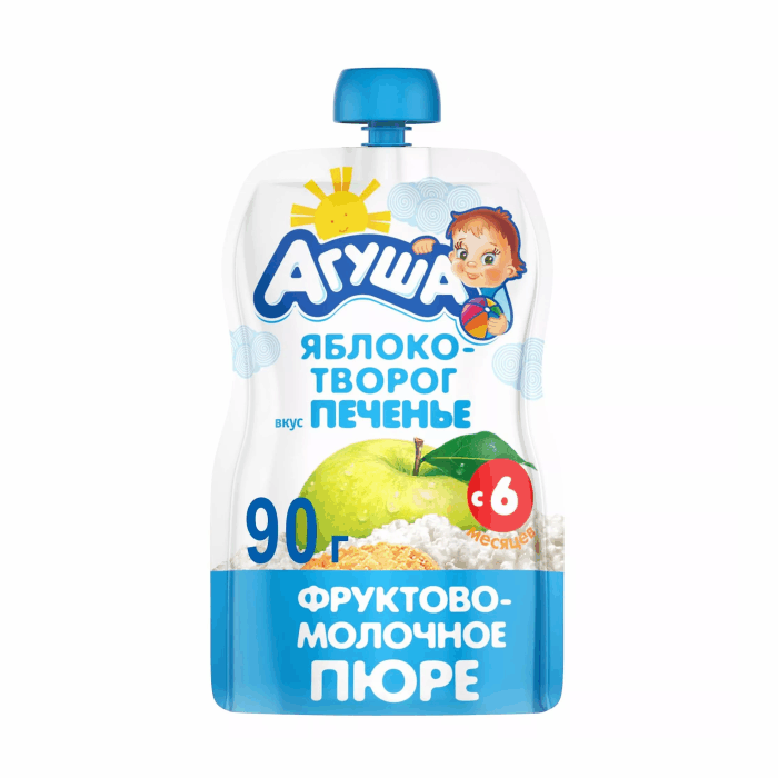 Пюре фрукт. Агуша Яблоко-Творог-Печенье 90г (дой-пак)