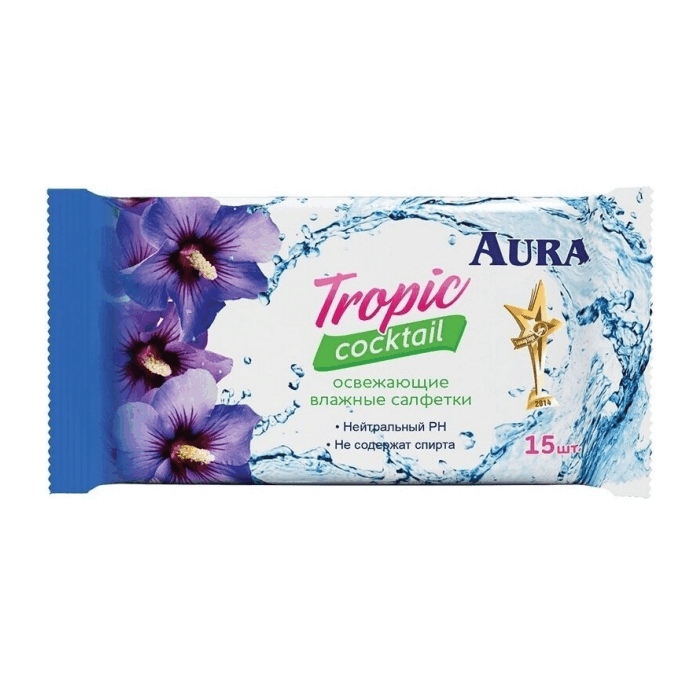 Влажные салфетки Aura ТРОПИК КОКТЕЙЛЬ освеж.15 шт